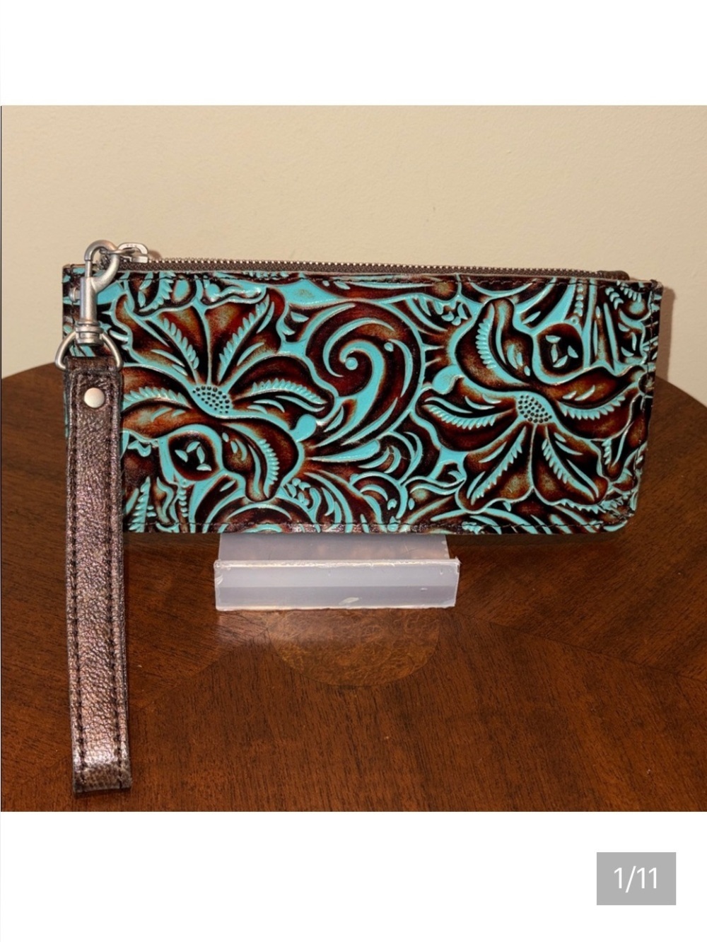 Patricia Nash Wristlet wallet, tooled leather aqua/ brown floral pattern NWOT